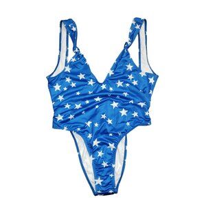 MA Womens size Large Patriotic One piece Swimsuit Blue white stars NWOT